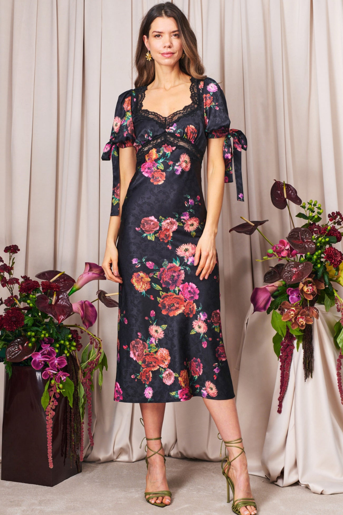 Hope & Ivy Petite Tanya Satin Occasion Dress by Hope and Ivy floral satin midi dress. Shop Hope and Ivy at Dotique.