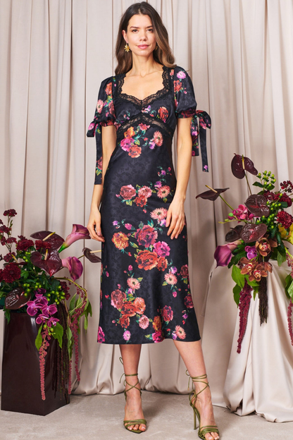 Hope & Ivy Petite Tanya Satin Occasion Dress by Hope and Ivy floral satin midi dress. Shop Hope and Ivy at Dotique.