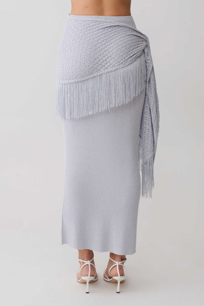 Jaytee Knit Maxi Skirt With Fringe Tie - Sky Blue