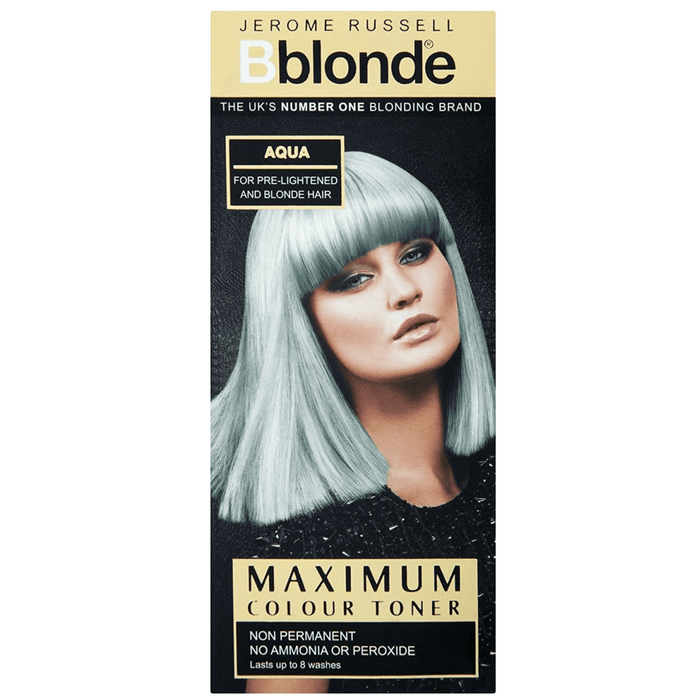 Jerome Russell Bblonde Maximum Colour Toner Aqua 75ml retail box on a white background, semi-permanent hair toner for pre-lightened and blonde hair.