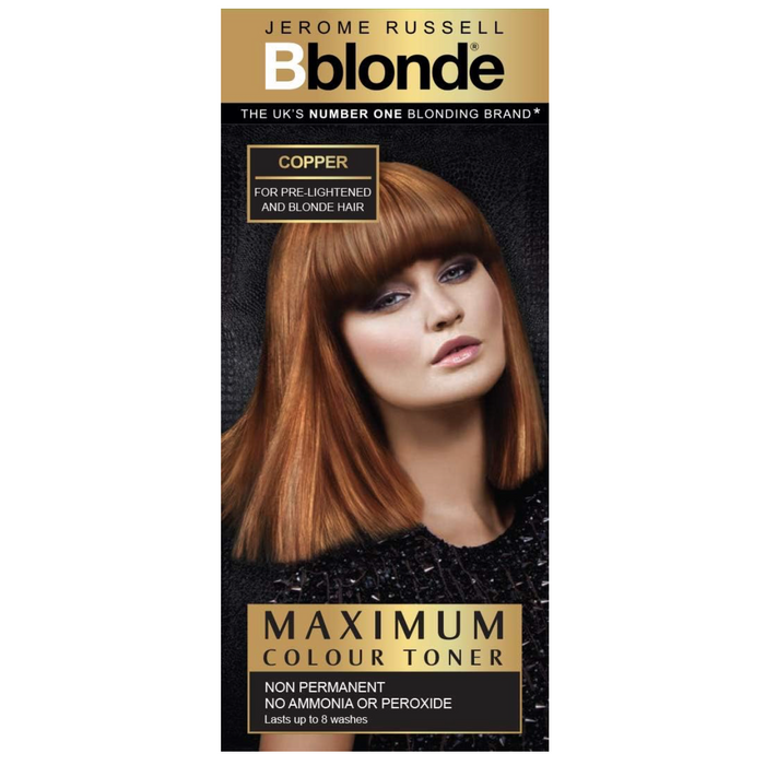 Jerome Russell Bblonde Maximum Colour Toner Copper 75ml retail box on a white background, semi-permanent hair toner for pre-lightened and blonde hair.