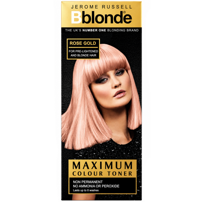 Jerome Russell Bblonde Maximum Colour Toner Rose Gold 75ml retail box on a white background, semi-permanent hair toner for rose gold blonde hair.