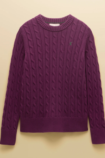 Shop the Joules Classic Cable Jumper in Wine at Dotique. A 100% cotton cable knit with a crew neck, ribbed trims and signature Joules hare embroidery.
