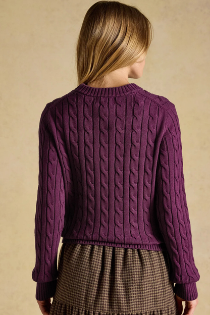 Shop the Joules Classic Cable Jumper in Wine at Dotique. A 100% cotton cable knit with a crew neck, ribbed trims and signature Joules hare embroidery.