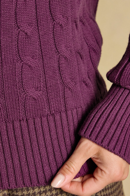 Shop the Joules Classic Cable Jumper in Wine at Dotique. A 100% cotton cable knit with a crew neck, ribbed trims and signature Joules hare embroidery.
