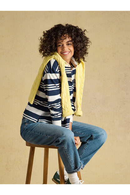 Joules Lara Navy/White Stripe Top worn with a yellow scarf. Joules. Shop Joules at Dotique