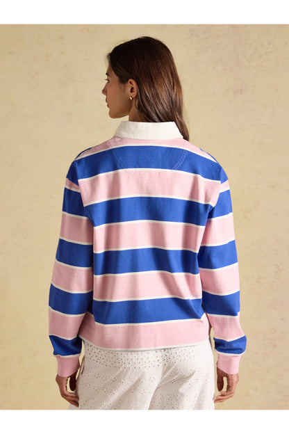 Joules Lara Pink/Blue Stripe Top worn from behind by a model. Shop Joules at Dotique