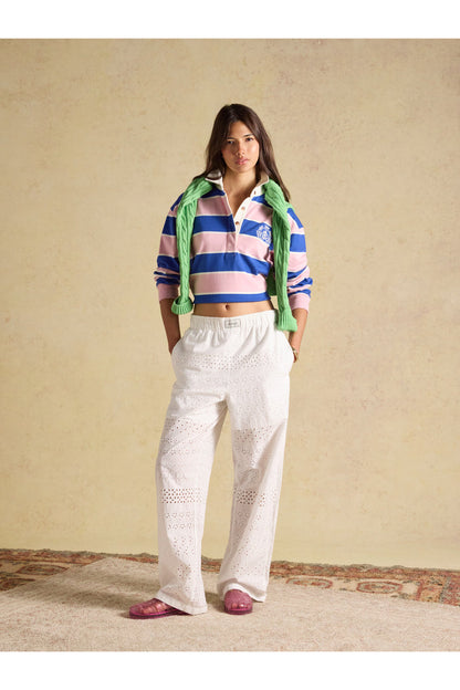 Joules Lara Pink/Blue Stripe Top styled on a model by Joules. Shop Joules at Dotique