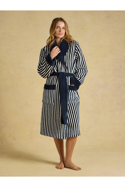 Joules Matilda Navy/Cream Stripe Robe worn by a model. Shop Joules at Dotique