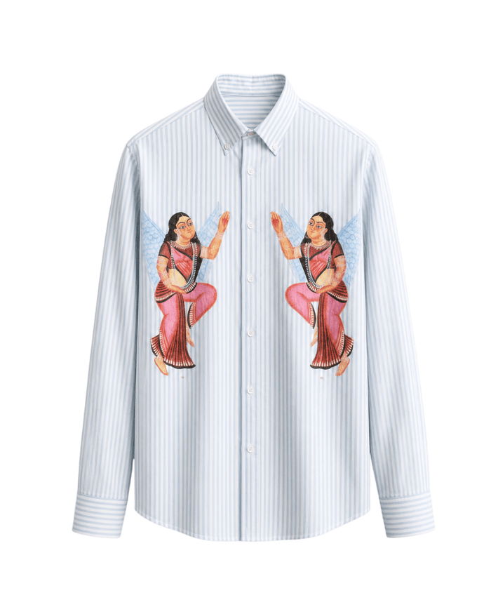 Kalighat Graffiti shirt for men in blue striped Giza cotton, front view, with two mirrored Kalighat pat figures