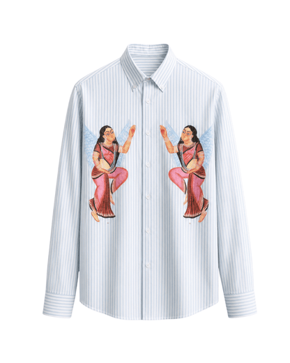 Kalighat Graffiti shirt for men in blue striped Giza cotton, front view, with two mirrored Kalighat pat figures