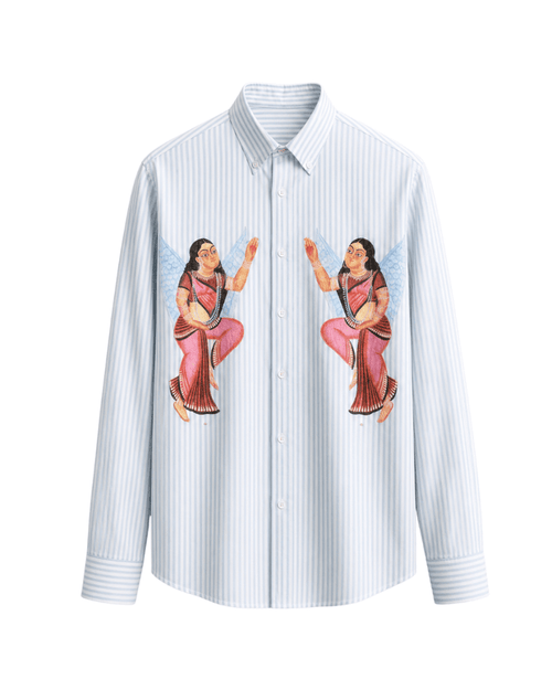 Kalighat Graffiti shirt for men in blue striped Giza cotton, front view, with two mirrored Kalighat pat figures