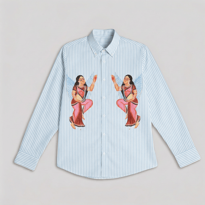 Kalighat Graffiti shirt for women in blue stripes, front flat view, with Kalighat pat artwork of two figures in pink saris