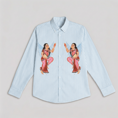 Kalighat Graffiti shirt for women in blue stripes, front flat view, with Kalighat pat artwork of two figures in pink saris