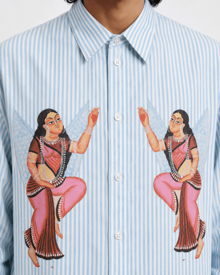 Close view of the Kalighat Graffiti shirt collar, buttons and the two figures in pink saris on the front