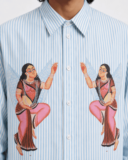 Close view of the Kalighat Graffiti shirt collar, buttons and the two figures in pink saris on the front