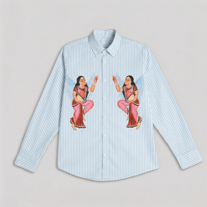 Kalighat Graffiti shirt for women in blue stripes, second front flat view with the sleeves angled out
