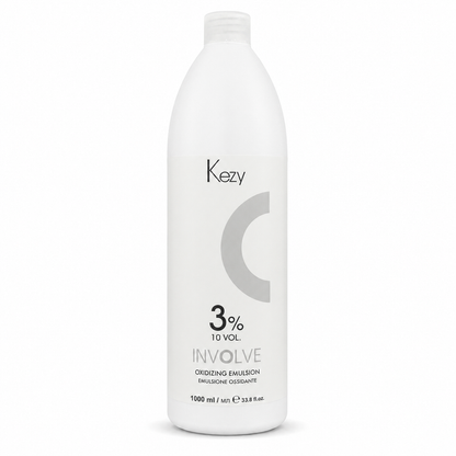 Kezy Involve Oxidizing Emulsion 1000ml 3% 10 Vol. in a white professional bottle with a screw cap, displayed on a clean white background. Cream developer for toning, colour refresh and low-lift hair colour applications.
