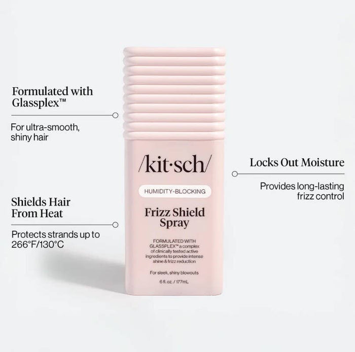 Kit'sch Frizz Shield Spray bottle with product features on a white background