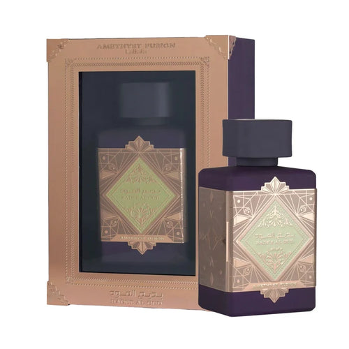 Lattafa Badee Al Oud Amethyst Fusion Eau De Parfum 100ml bottle with presentation box on a white background