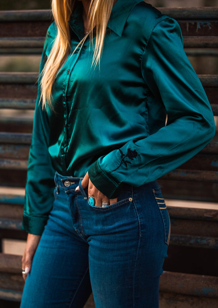 Leopard Emerald Satin Rodeo Shirt