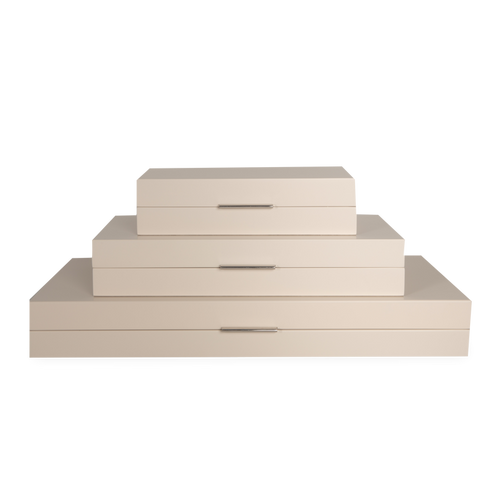 This modern organizer features a luxurious ivory lacquer finish and polished nickel handle for a sophisticated look.