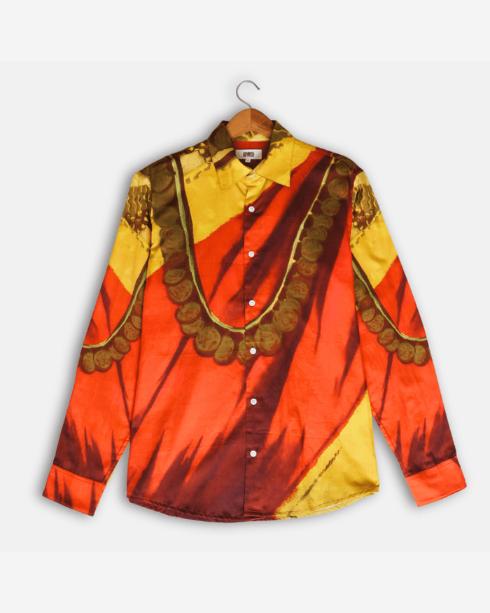 Maala shirt for men in red and yellow Giza cotton, front view on a hanger, with a draped garland artwork