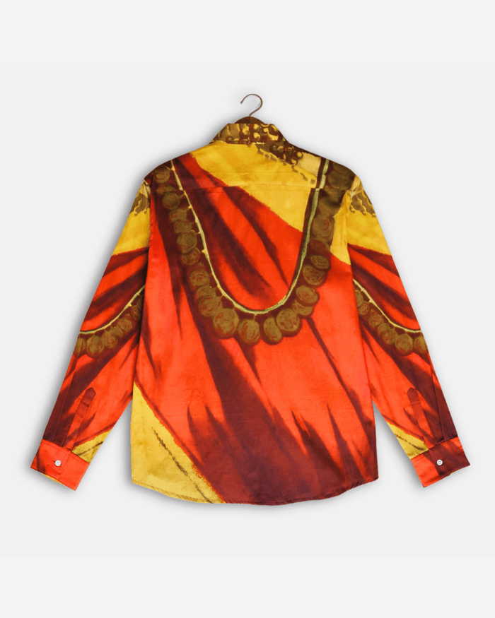 Maala shirt for men in red and yellow Giza cotton, back view on a hanger, with the draped garland artwork