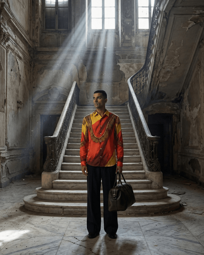 Man wearing the Maala shirt with black trousers, standing on a staircase in an old building, full length front view