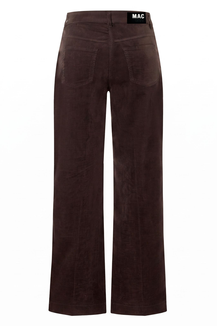 Brown wide leg pants with back pockets and a MAC label centered on a white background