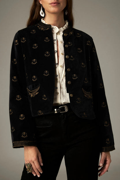 Shop the Maison Hotel Luna Jacket in Golden Stars at Dotique. A black velvet jacket with metallic star embroidery, statement buttons and patch pockets.