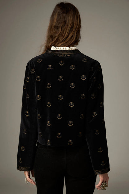 Shop the Maison Hotel Luna Jacket in Golden Stars at Dotique. A black velvet jacket with metallic star embroidery, statement buttons and patch pockets.