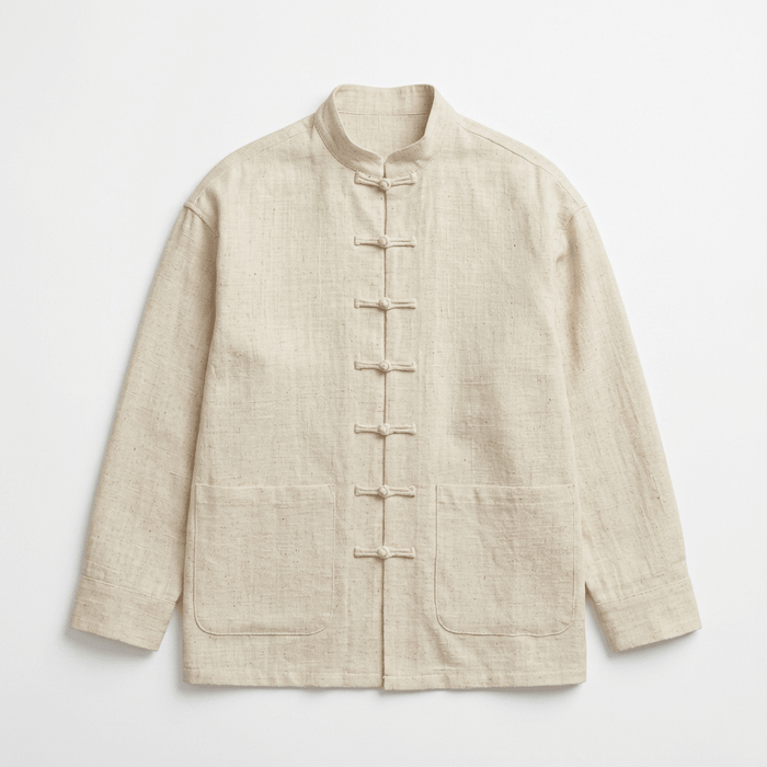 Mandarin collar shirt for men in off white cotton linen, front view with frog buttons and patch pockets