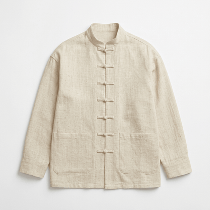 Mandarin collar shirt for men in off white cotton linen, front view with frog buttons and patch pockets