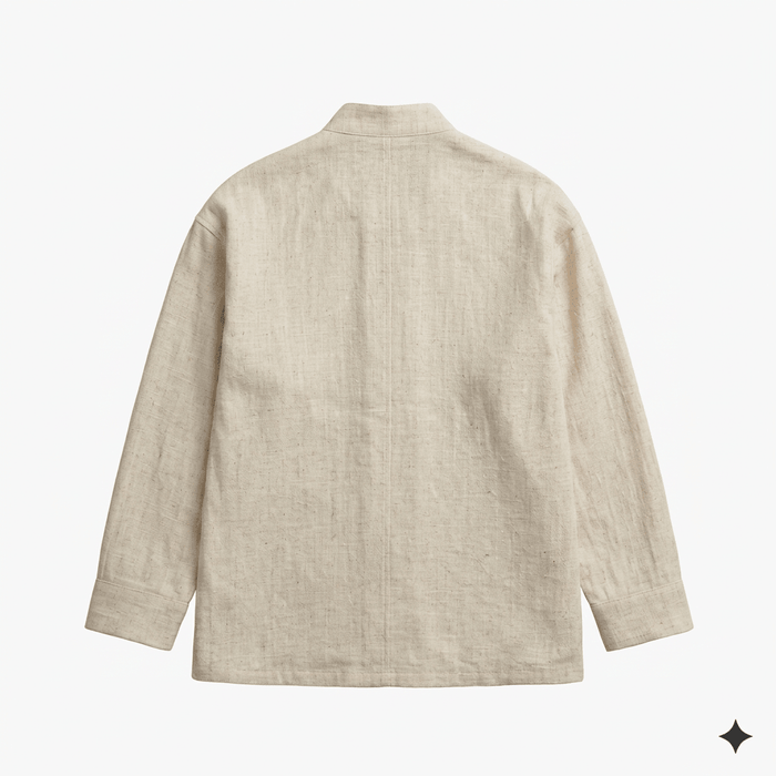 Mandarin collar shirt for men in off white cotton linen, back view