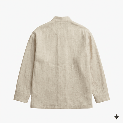Mandarin collar shirt for men in off white cotton linen, back view