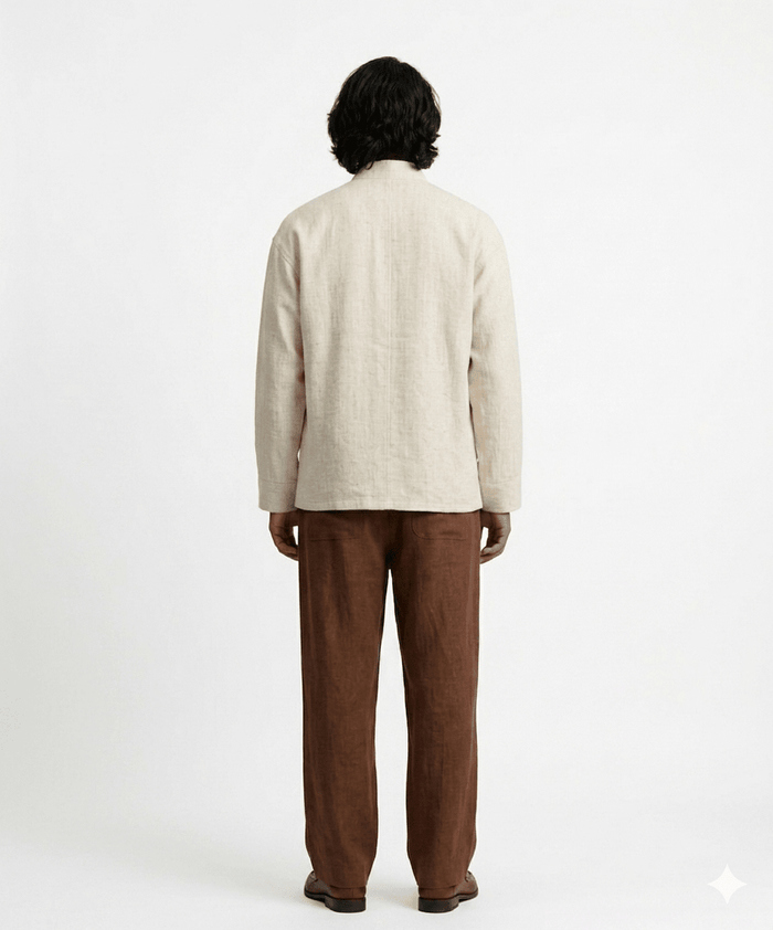 Man wearing the off white Mandarin collar shirt, back view