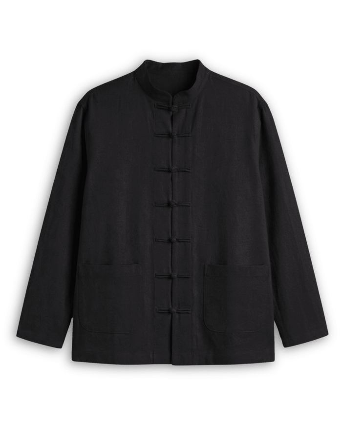 Mandarin collar shirt for men in black cotton linen, front view with frog buttons and patch pockets