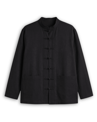 Mandarin collar shirt for men in black cotton linen, front view with frog buttons and patch pockets