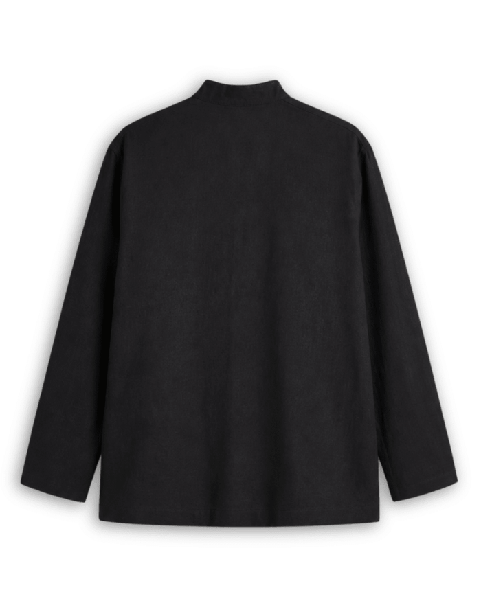 Mandarin collar shirt for men in black cotton linen, back view