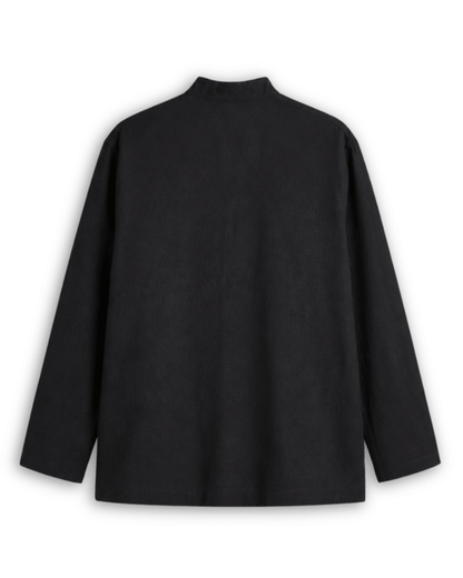 Mandarin collar shirt for men in black cotton linen, back view