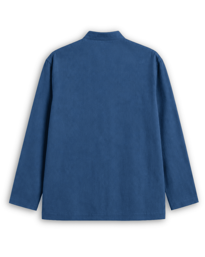 Mandarin collar shirt for men in blue cotton linen, back view