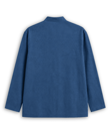 Mandarin collar shirt for men in blue cotton linen, back view