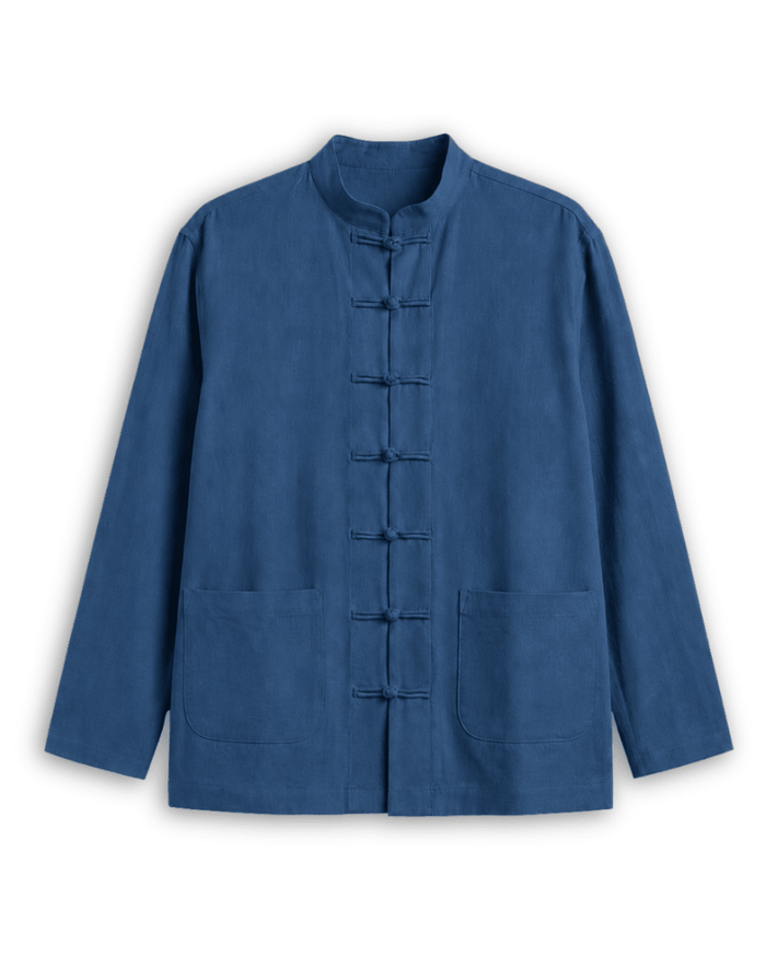 Mandarin collar shirt for men in blue cotton linen, front view with frog buttons and patch pockets