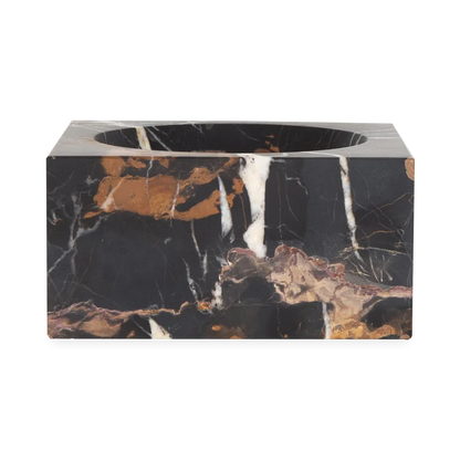Providing luxurious and confidently stable elements, this captivating bowl is made with black marble with a touch of white and gold veining.