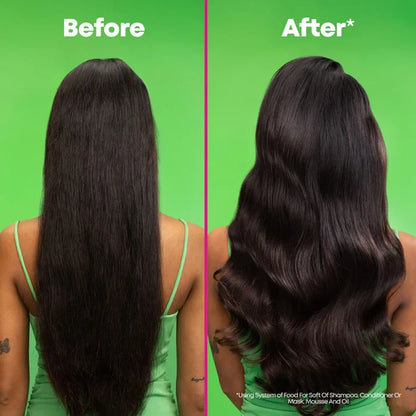 Before and after using Matrix Food For Soft XXL Big 'N Soft Volumizing Mousse showing straight brunette hair transformed into soft, voluminous waves.