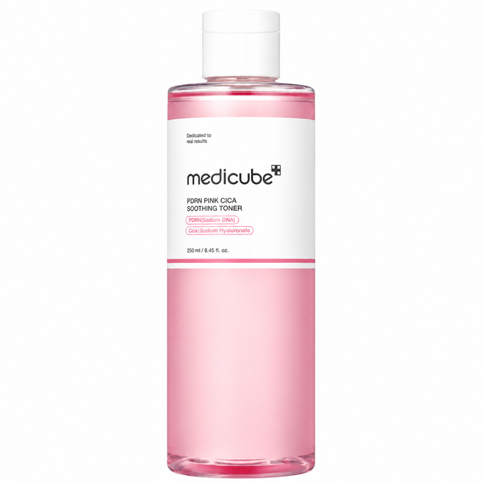 clear pink medicube pdrn pink cica soothing toner bottle with a white cap on a clean white background, featuring minimalist skincare packaging.