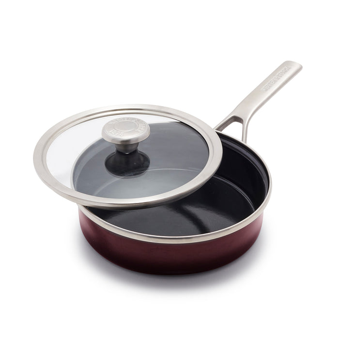 Chocolate brown steel core 2-quart sauté pan with matching lid on a white background.