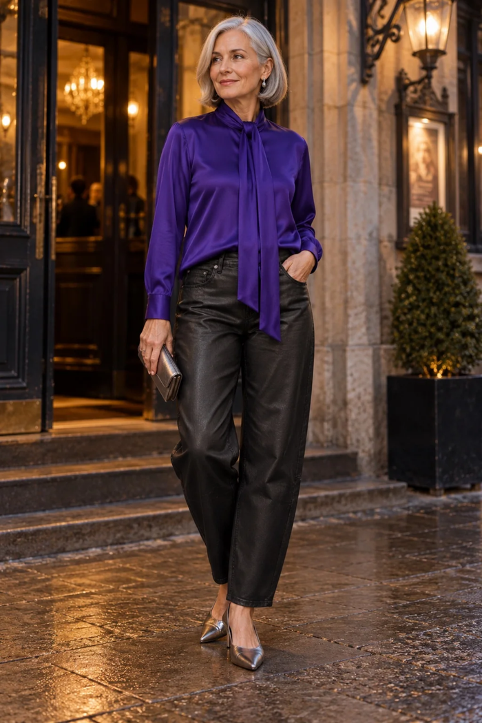 Milano 63-6976-3726 Purple Bow Tie Blouse worn by model MILANO Shop MILANO at Dotique
