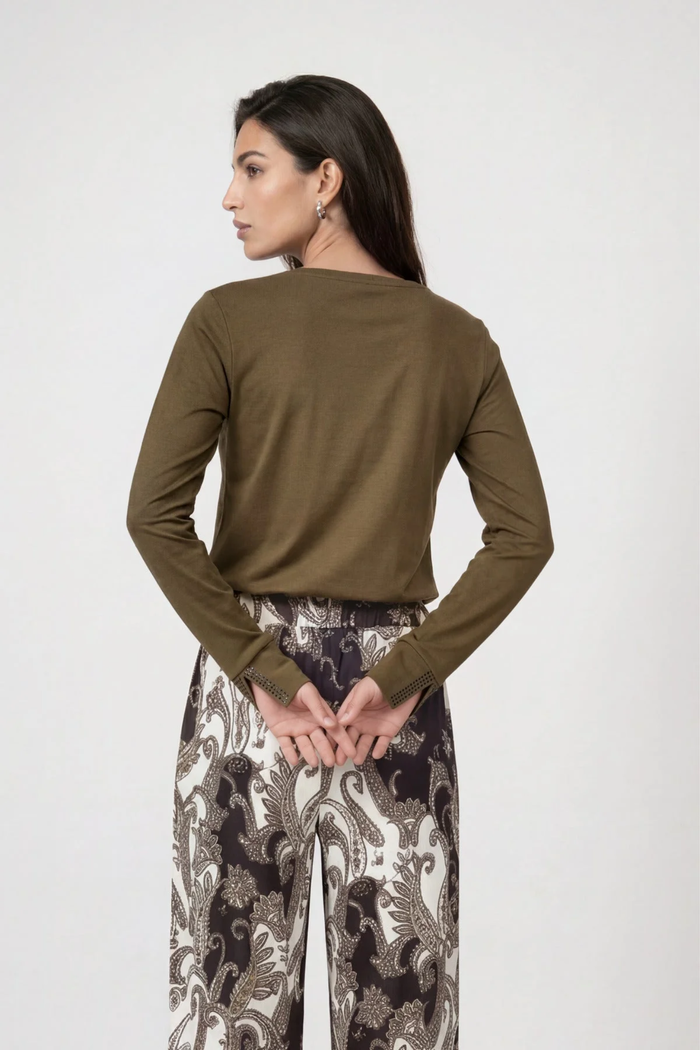 Monari 810053 Olive Cotton Jumper back view worn by model Shop Monari at Dotique